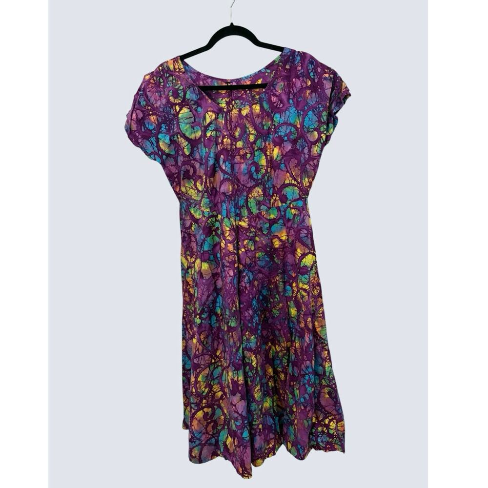 Bohemian Tie Dye Dress Purple Short Sleeve No Tags Hippie Festival Wearable Art